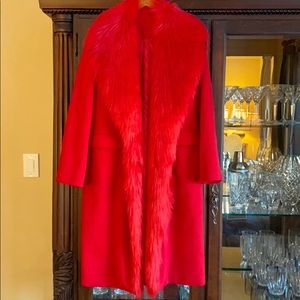 Red wool blend faux fur coat